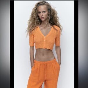 Zara Orange Cropped Knit Button-Front Top